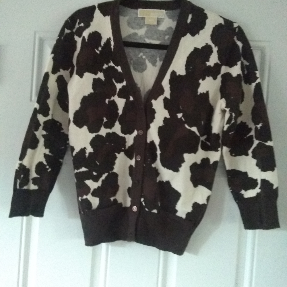 Michael Kors Animal Print Cardigan Button Up Sweater Brown Cream S/P